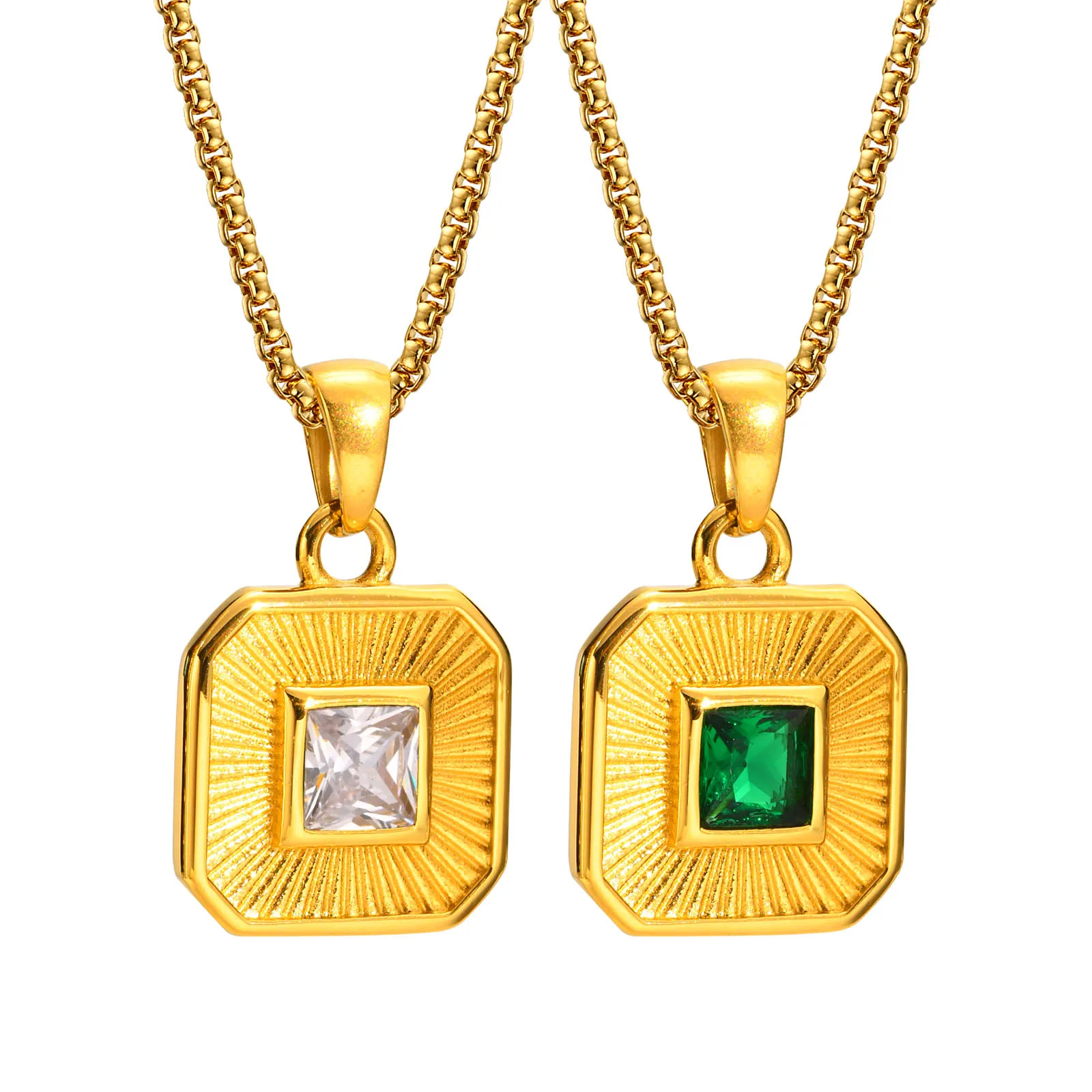 

Rectangle Square Neckalce, Green Stone Cubic Zirconia Inlay Starburst Pendnt, Stainlless Steel Jewelry