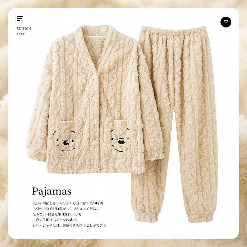 Winter New Coral Velvet Pajamas Women's V-neck Cardigan Warm Flannel Lovely Cartoon Cashmere Home Wear Nightclothes