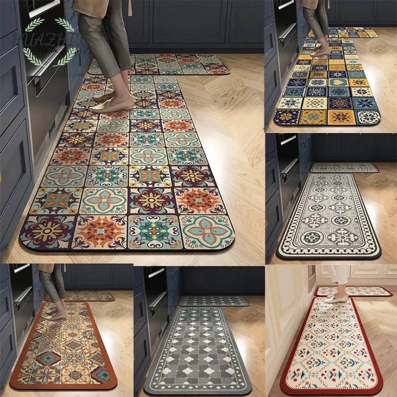 

Geometric Kitchen Floor Carpet Long Area Restaurant Non-slip Mats Living Room Entrance Doormat Toilet Room Retro Rug Home Decor