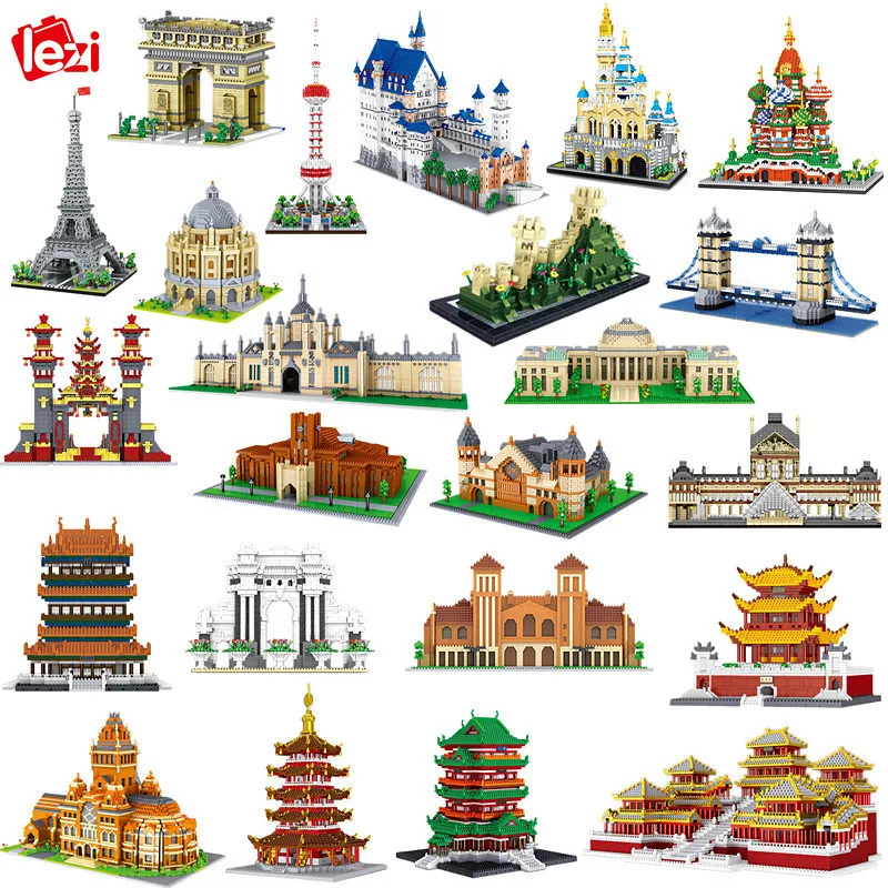 

World Famous Architecture Mini Building Blocks 3D Model Saint Basil's Cathedral Eiffel Tower Louvre Titanic Micro Bricks Toys