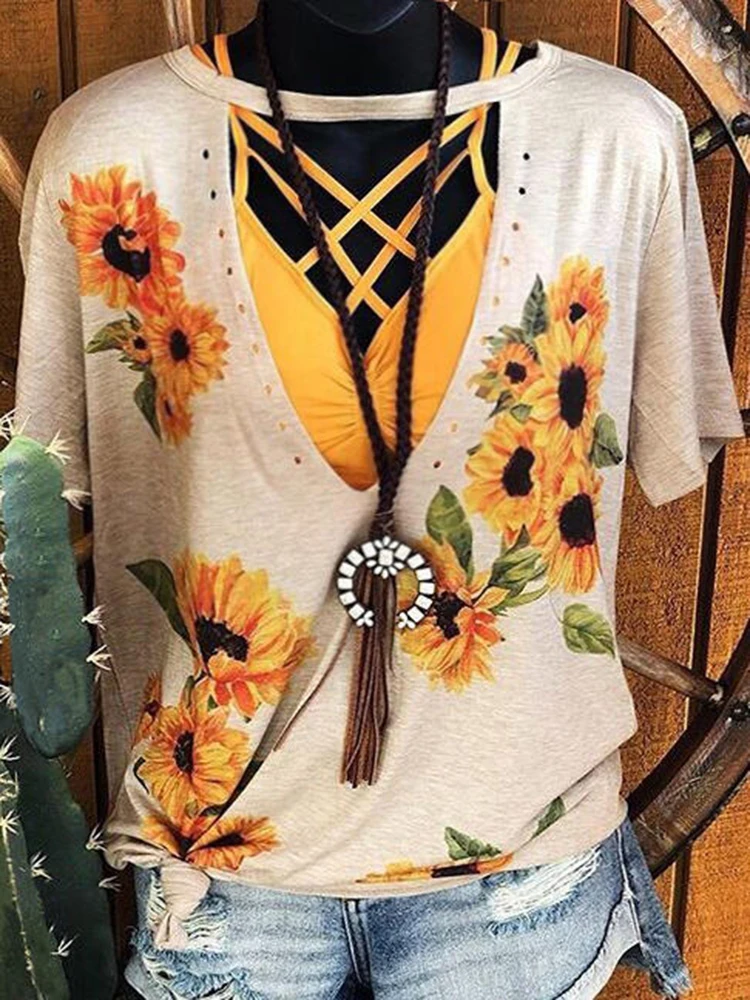 

Women Sunflower Graphic T Shirt Sexy keyhole V-Neck Bandage Strappy T-Shirt Summer Vacation Beach Loose Fit Short Sleeve Tee