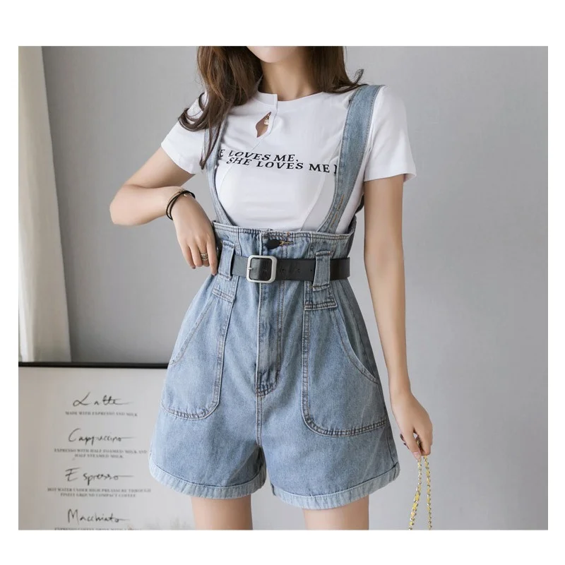 

2022 New Summer Short Denim Jumpsuit Women's High Belt Overalls Casual Loose Jeans Short Bib Oversize Free Belt Women Jumpsuits