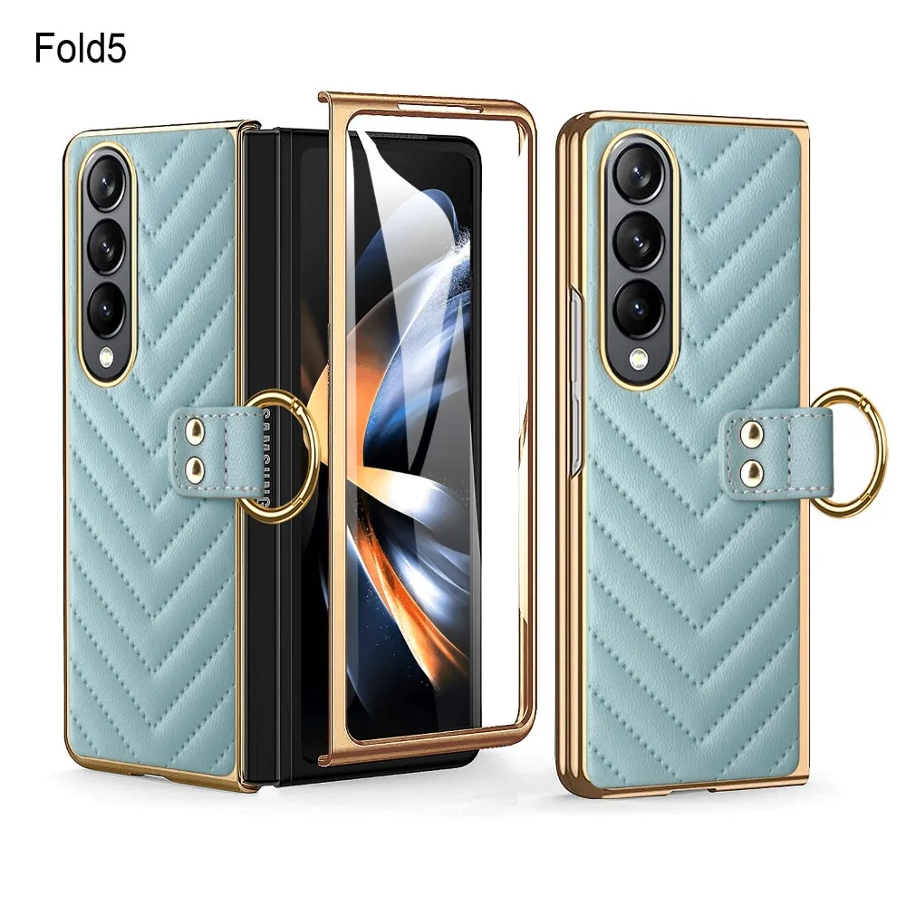 Фото Роскошный кожаный чехол в клетку для Samsung Z Fold 4, противоударный чехол из закаленного стекла с кольцом для Samsung Z Fold 5, чехол №4