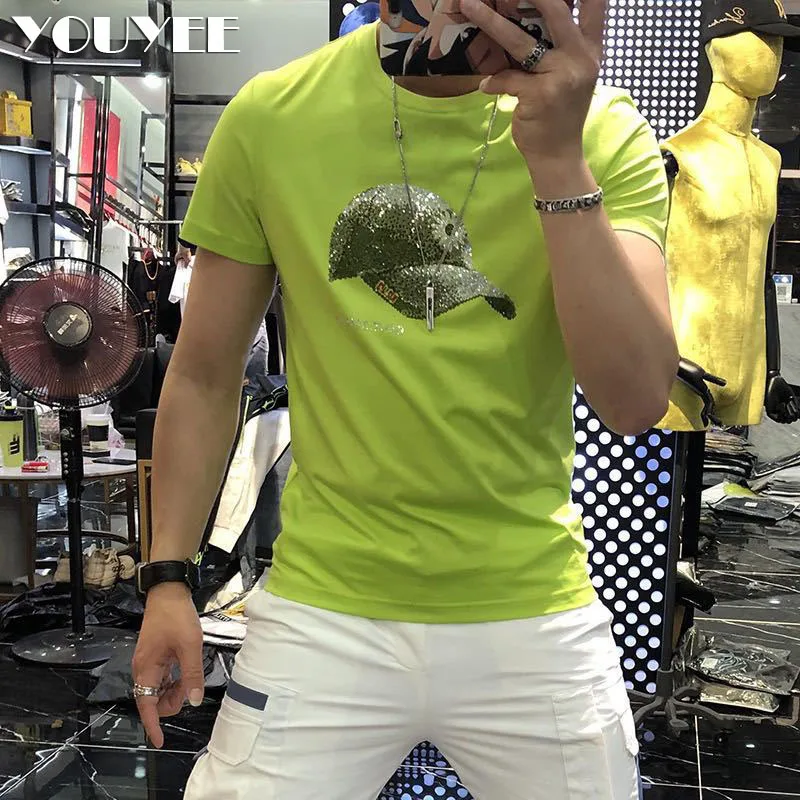 

Men T-shirt 2023 Summer Rhinestones Pattern Short Sleeve Fashion Man Streetwear Hot Drill Casual Multiple Colors Plus Size Top
