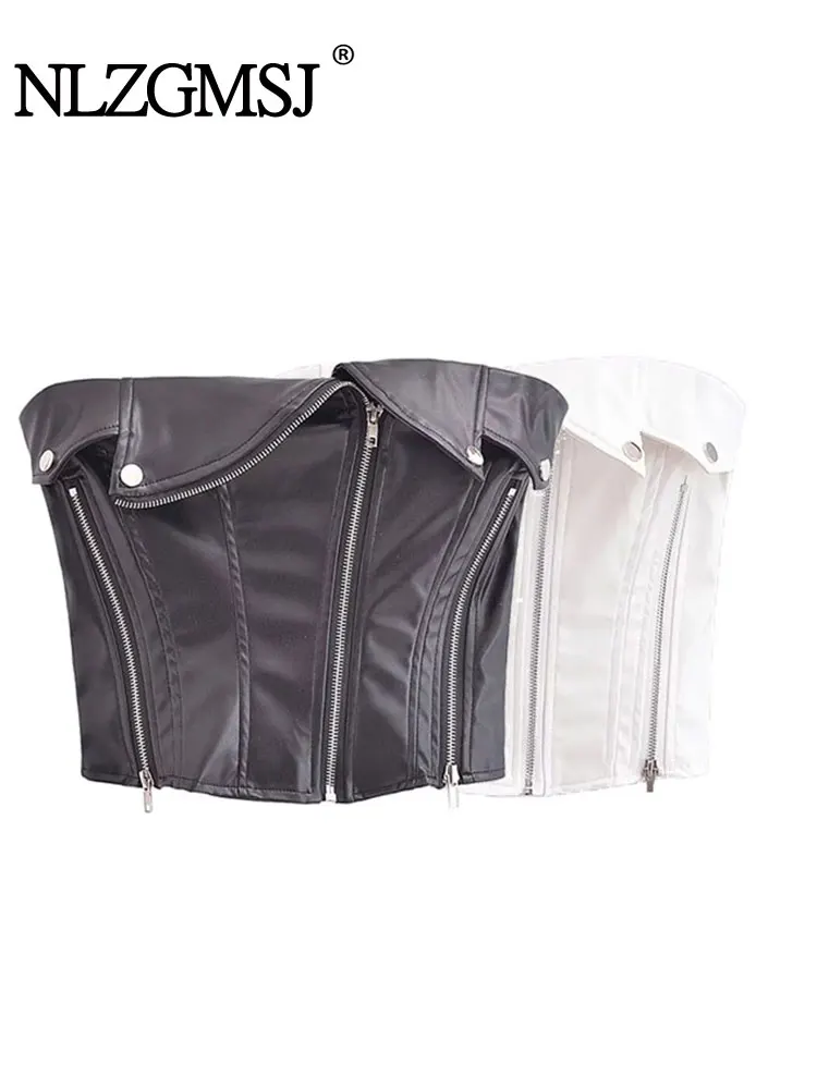 

Nlzgmsj TRAF Woman Zipper Decoration Faux Leather Vest Tops Sleeveless Vintage Backless Spring Autumn Slim Tops
