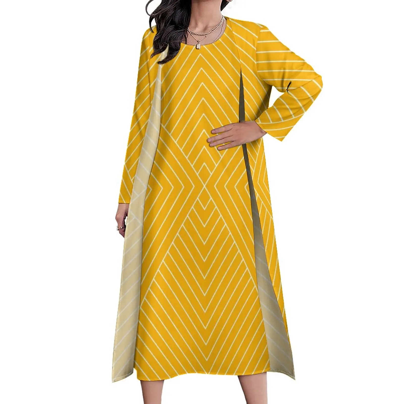 

Платье женское длинное в скандинавском стиле, повседневная винтажная уличная одежда из двух предметов, желтое платье макси в стиле арт-деко, подарок