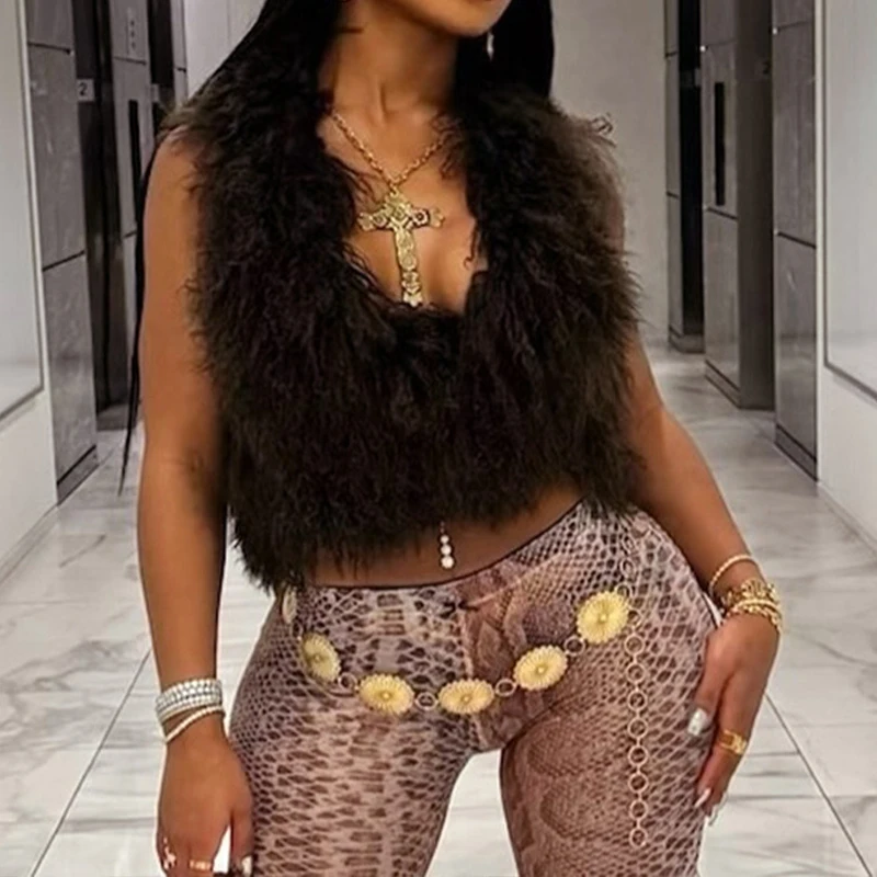 OMSJ модный мини-майка без рукавов с подвесным воротником из искусственного меха и