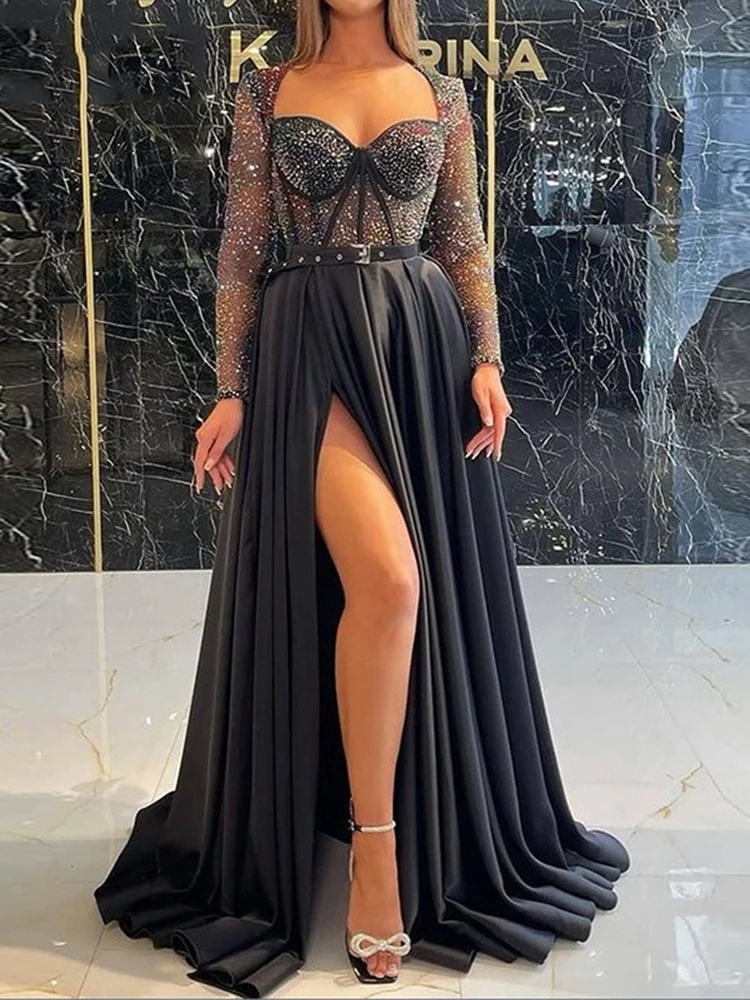 

2023 Sexy Cocktail Dress Long Sleeves Deep V-Neck High Side Slit Prom Formal Party Dress Beaded Satin Sweetheart Vestido De Gala