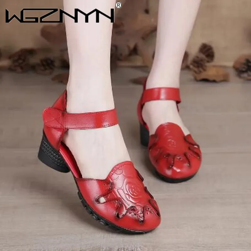 

Elegant Floral Genuine Leather Women Sandals Female Mid Heels Summer Beach Shoes Ladies Sandals Leather Party Sandalias Mujer