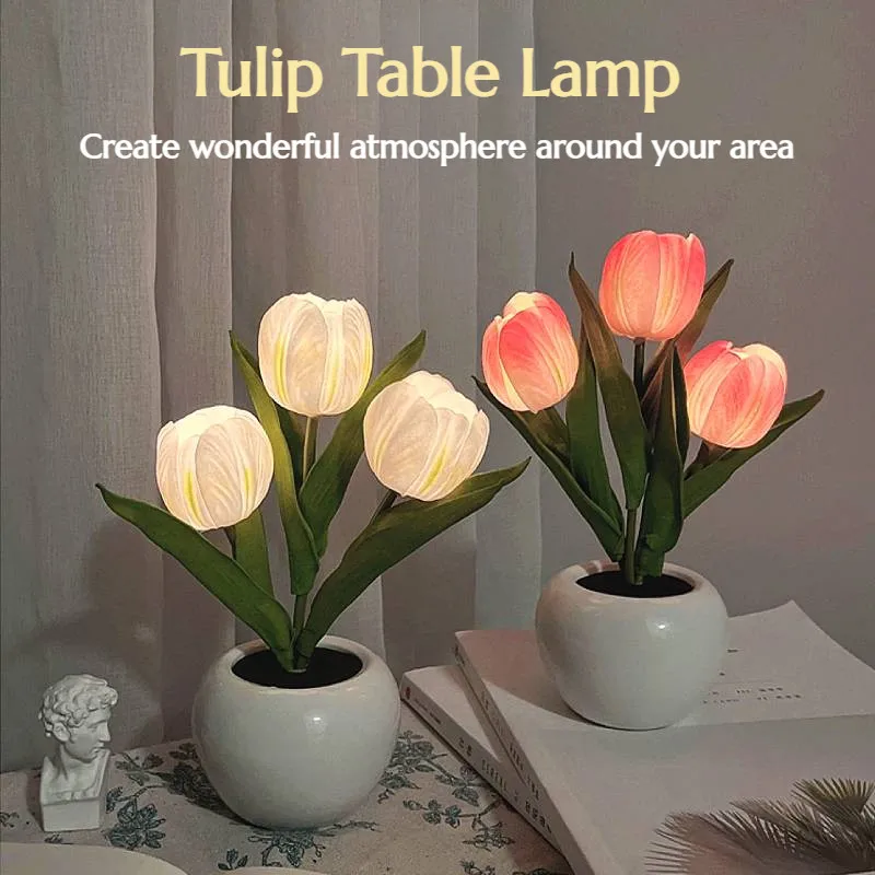

LED Flower Night Light Tulip Table Lamp Romantic Atmosphere Desk Lamp Creative Potted Bedside Decor for Bedroom/Bar/Restaurant