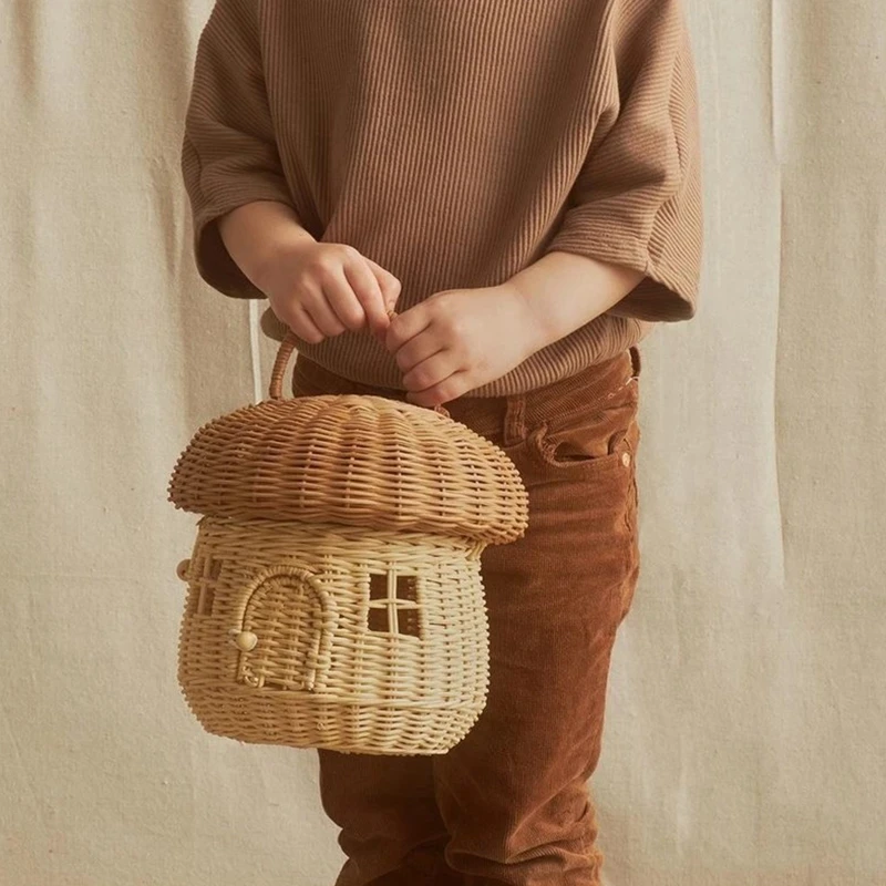 

Hand Woven Rattan Basket Mushroom Storage Basket with Lid Jewelry Small Toy