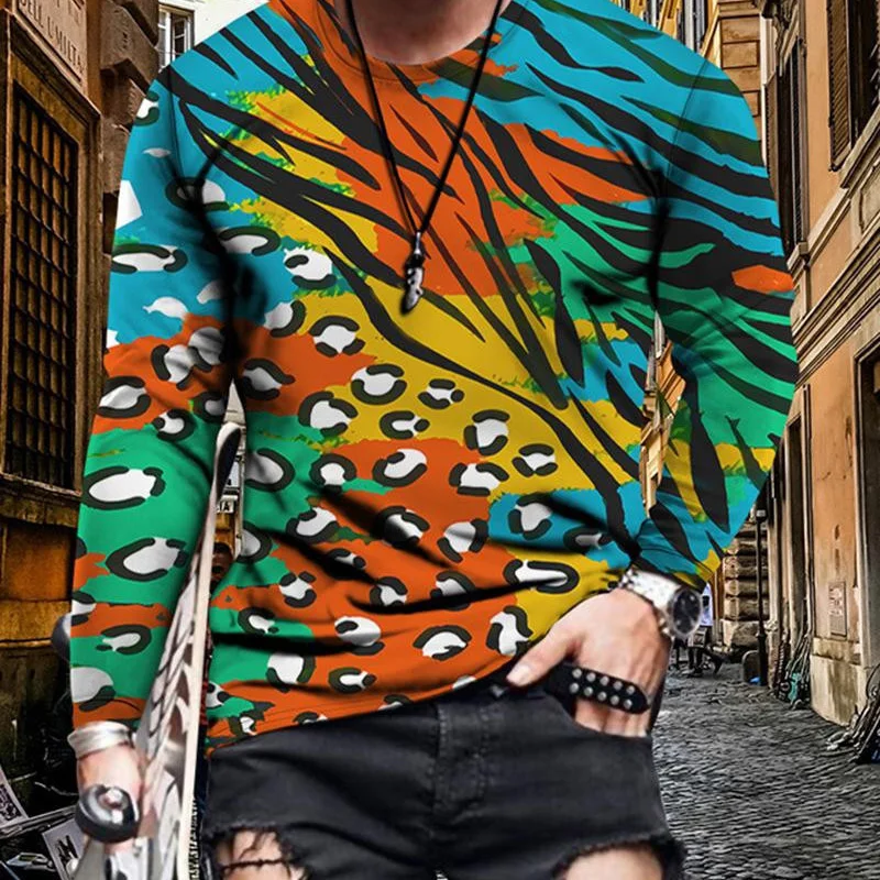 3D Printed Colorful Personality T Shirt For Men African Ethnic Pattern Tees Autumn Casual O-Neck Tops Loose Long Sleeve T-Shirts
