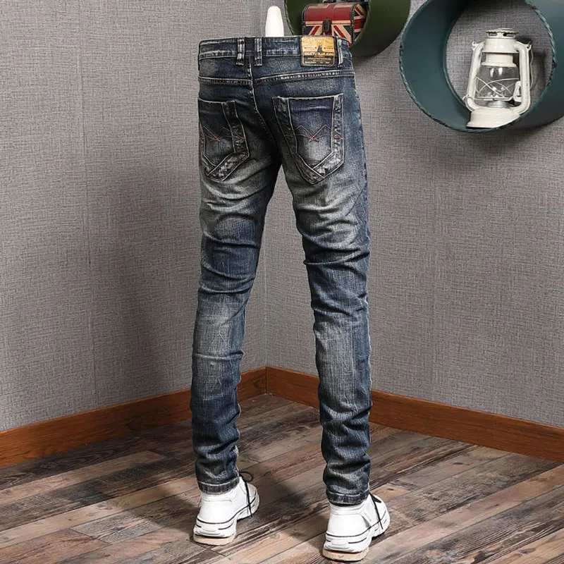 Fashion Trendy Men Jeans Retro Black Blue Elastic Stretch Slim Vintage Ripped Jeans Embroidery Patched Designer Denim Pants Men