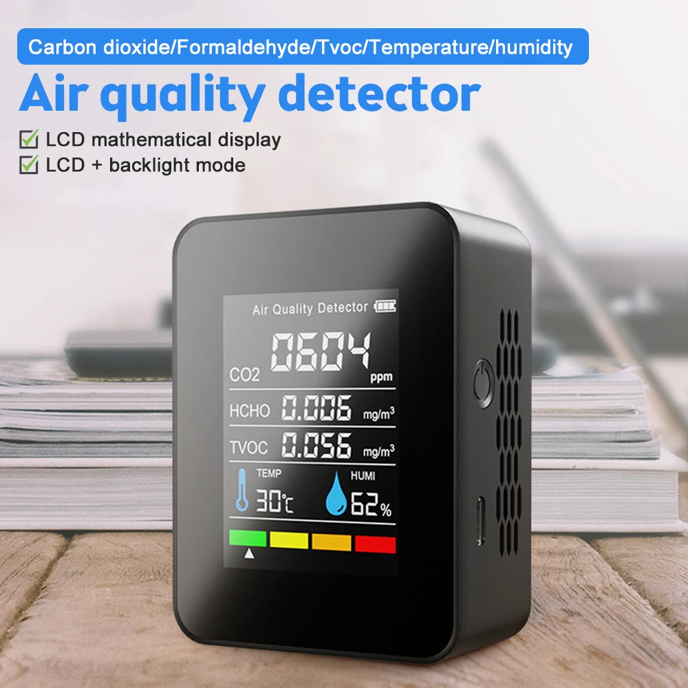 

CO2 Meter 5 IN 1 Gas Detector Portable Temperature Humidity LCD Digital Multifunctional TVOC HCHO Air Quality Monitor