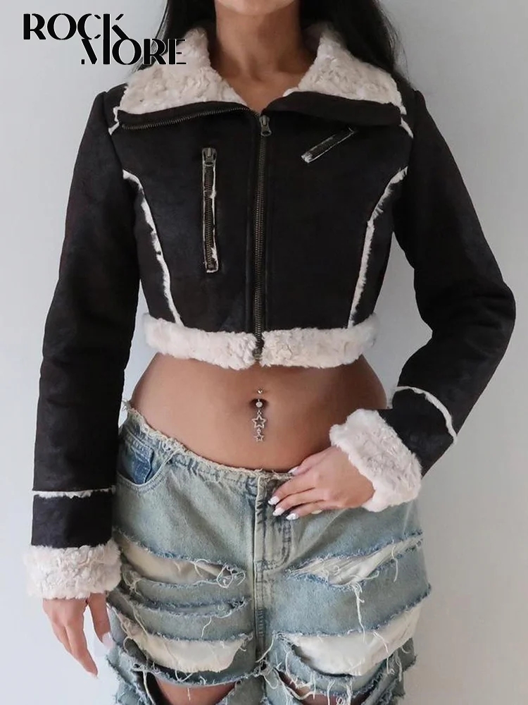 

Rockmore Lamb Fur Collar Cropped Jackets Women Autumn Winter Black Patchwork Coats Fashion Streetwear Zipper Jacket Y2K Vintage