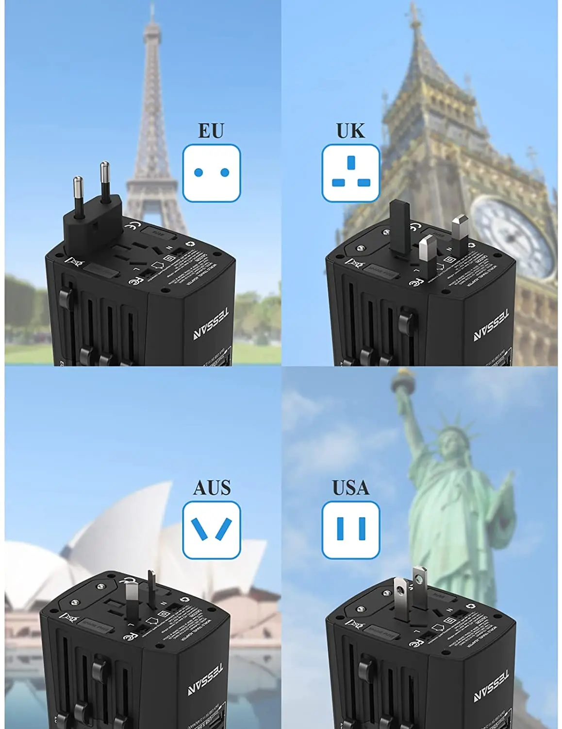 TESSAN адаптер для путешествий Международный Универсальный питания все в одном с 4