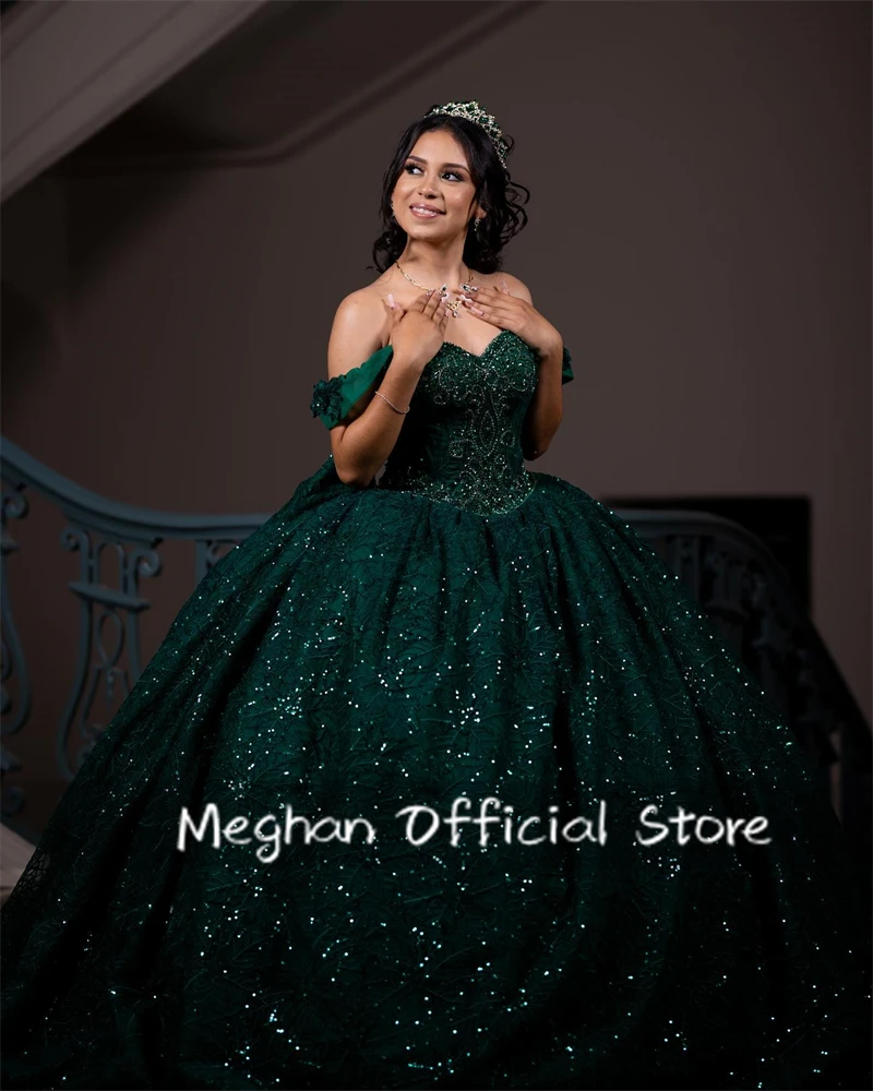Изумрудно-зеленое платье с открытыми плечами и бантом Quinceanera аппликацией из