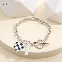 ycd black white love heart checkerboard bracelet fashion ot buckle metal chain charm bracelets for women girlfriend gift