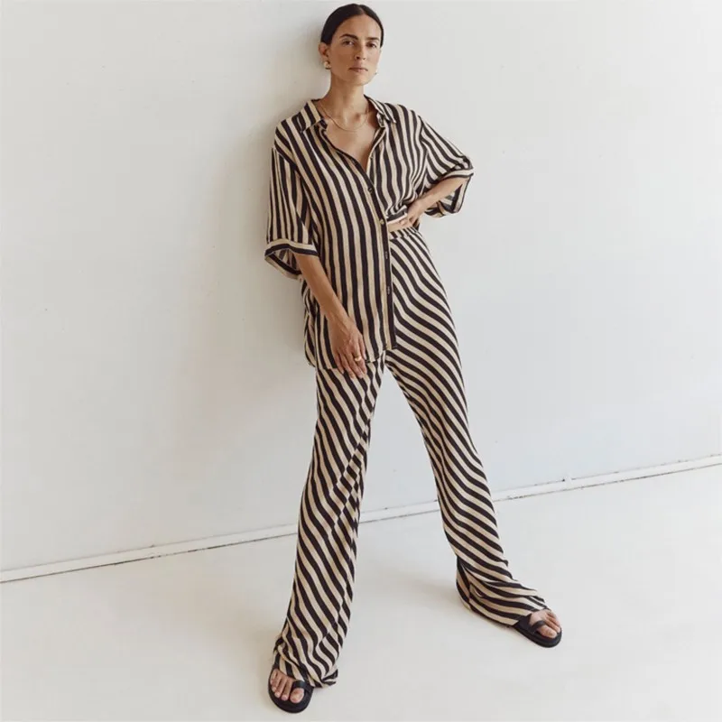 

Beach Dress Women Summer 2023 Clothes For Cover Up New Stripe Shirt Trousers Mop Floor Two Piece Leisure Suit Print Polyester