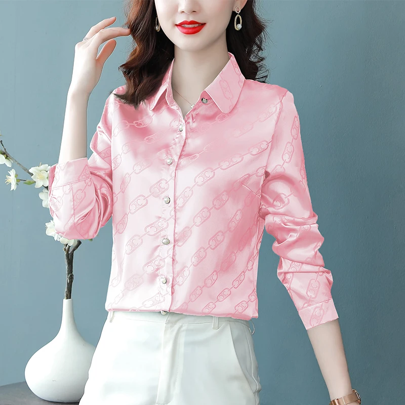 

Chikichi Elegant Pink Satin Shirts 2022 Spring New Office Ladies Patchwork Long Sleeve Shirt Plus Size Loose Blouse Womens Tops