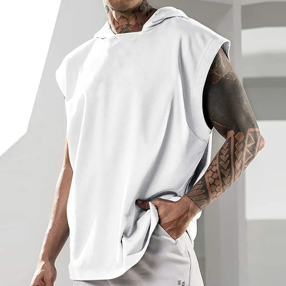 

Summer Men T-Shirts Solid Color Sleeveless Hooded Loose Comfortable Wear-resistant Men Sports Top for Going Out