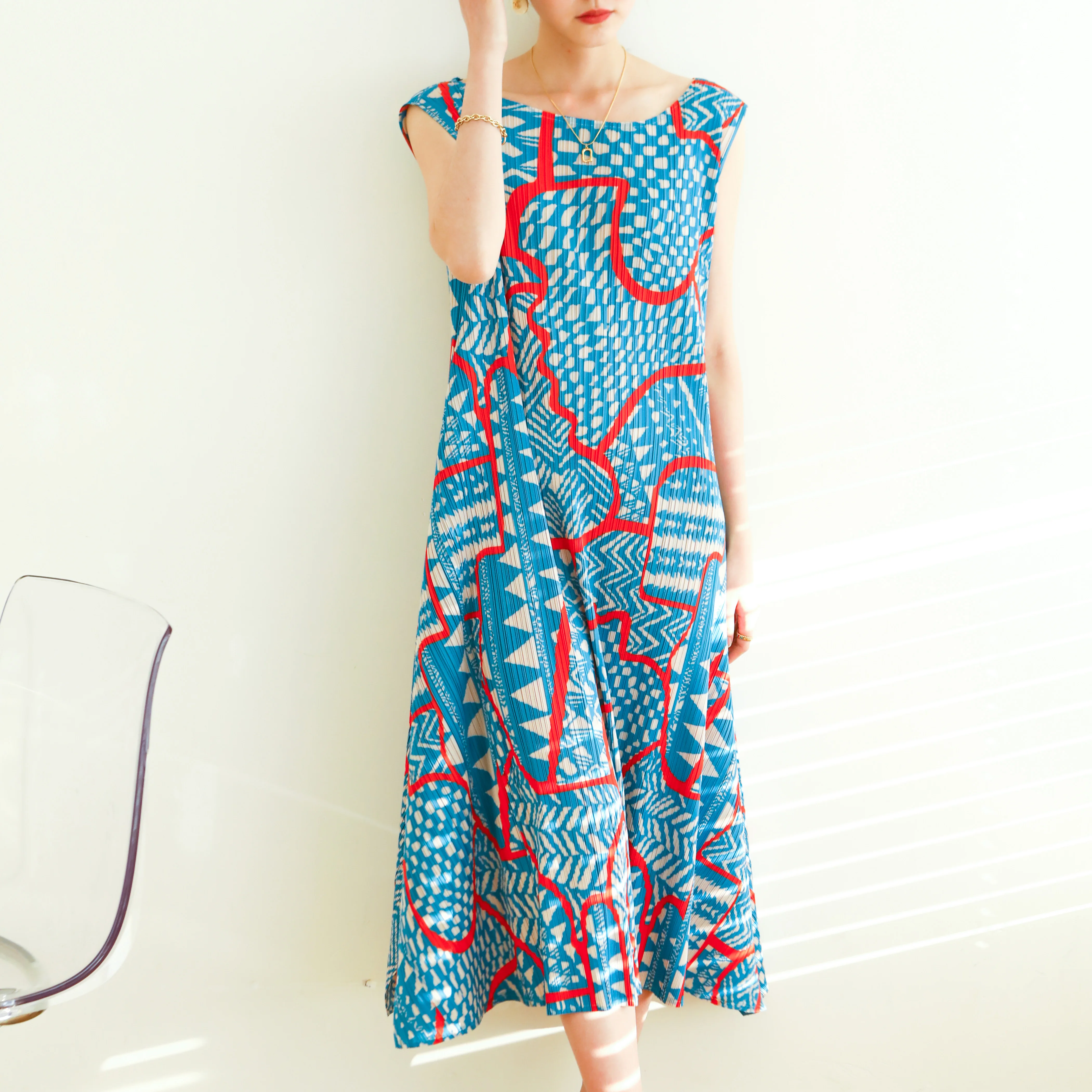 2022 Summer Miyake Pleated Loose Fashion Print Dress Miyake (with belt)
