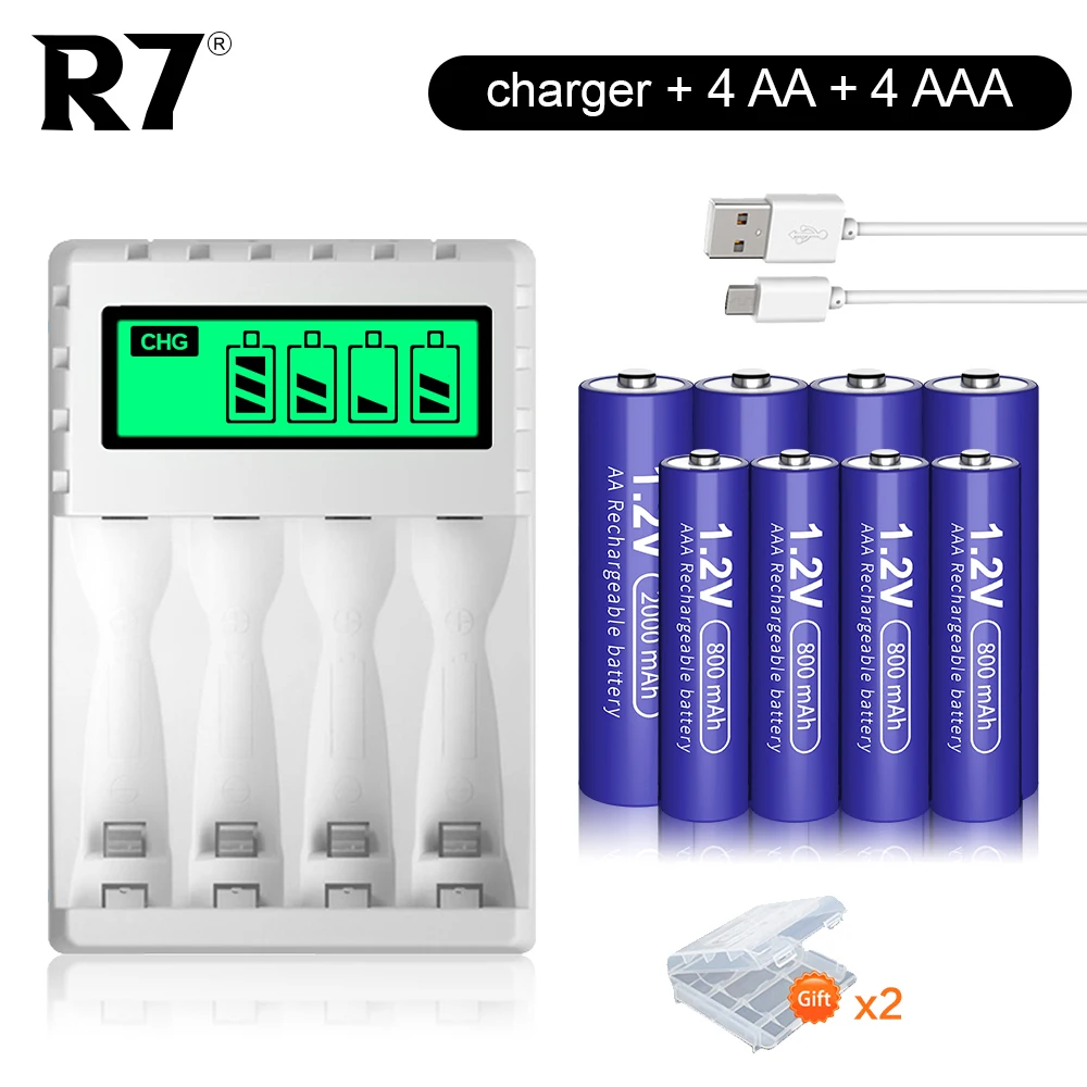 

R7 1.2V AA/AAA Rechargeable battery nimh aa aaa batteries AA 2000mAh AAA 800mAh and LCD Charger for Flashlight Camera Toy Car