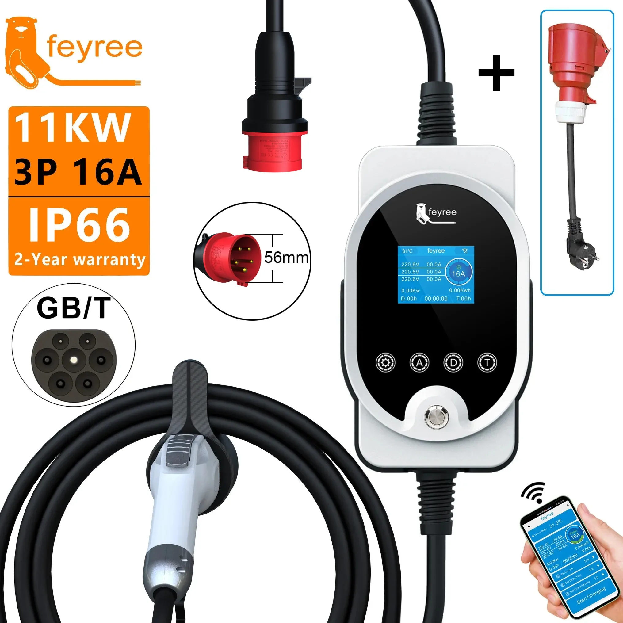 Feyree GB/T Зарядное устройство для электромобилей 11 кВт 16 А 3-фазное устройство EVSE Wallbox APP WIFI Управление Зарядная станция для электромобилей 5 м Кабель CEE Разъем для электромобиля