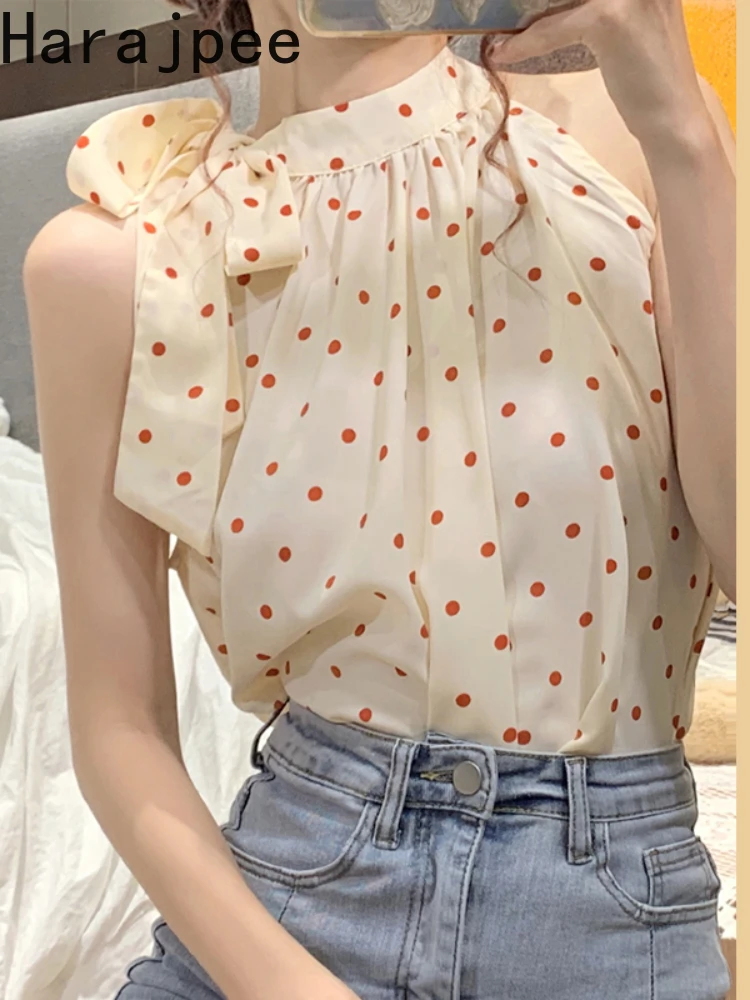 

Harajpee Polka Dot Chiffon Shirt Summer New Round Neck Halter Vintage French Style Sleeveless Pullover Korean Chic Women Tops