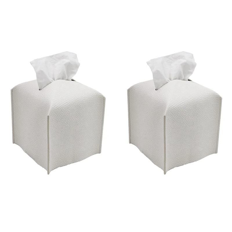 

HOT-20X Tissue Box Cover Holder Square PU Leather Facial Tissue Box Roll Paper Dispenser For Bathroom Dressing Table-White