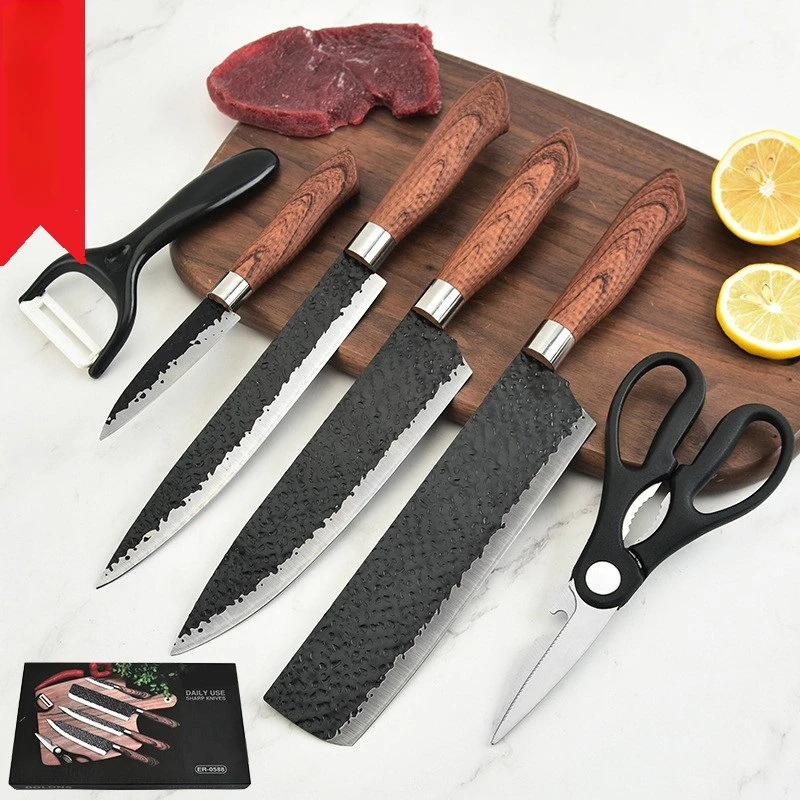 

Stainless Steel Kitchen Knife Six Piece Set Black Steel Forging Hammer Knife Chef Knife Kitchen Knife Gift Color Box Set Knife