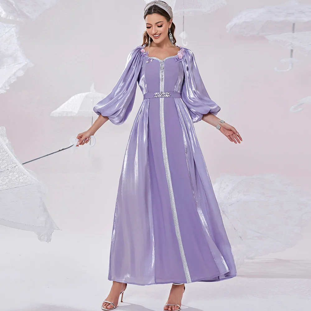 

Newest Lilac Butterfly Puff Sleeve Flash Quicksand Dress Hand Sewn Diamond Floating-Sleeve Long Skirt Spot FINE Women's Clothing