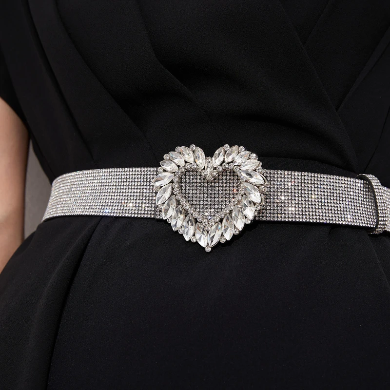 Bright Shiny Female'S Belt Waist Chain Luxury Sweet Heart Buckle Waist Belt Fashion Belts Full Diamond Rhinestone Crystal Belt