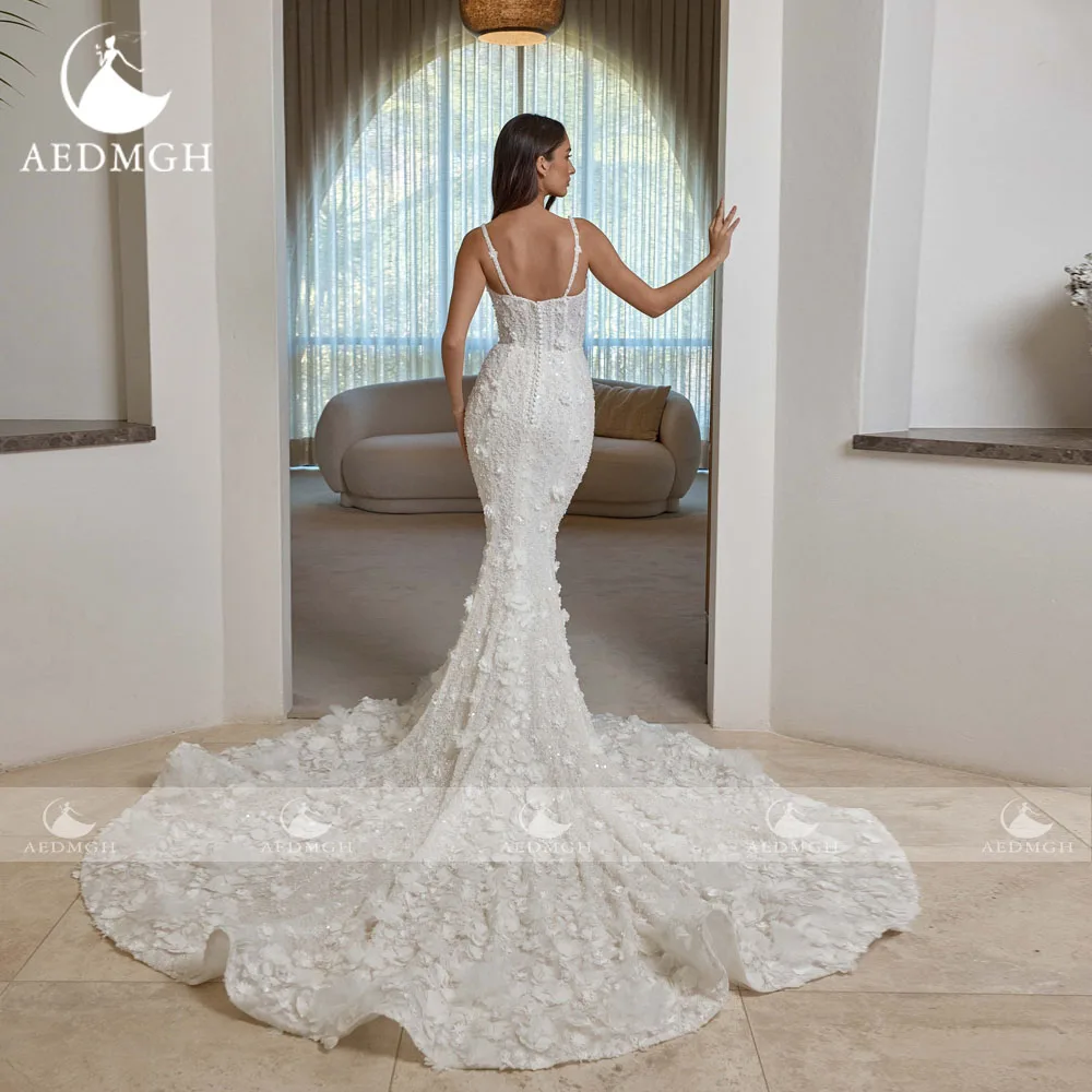 Фото Aedmgh Русалка Сексуальные свадебные платья Милая Vestido De Novia Кружева 3D цветы со съемным шлейфом Винтажное свадебное платье на заказ №5