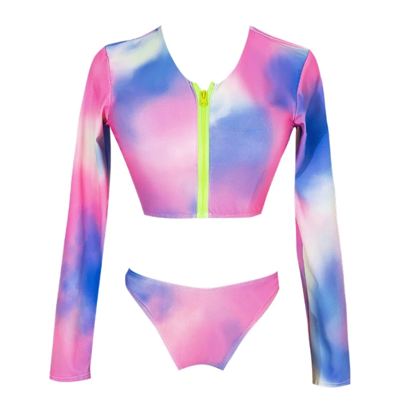 

U2JB Women 2 Piece Tie-Dye Print Bikini Set Long Sleeve Zipper Front Crop Top Low Waist Thong Swimsuit Sunscreen Bathing Suit