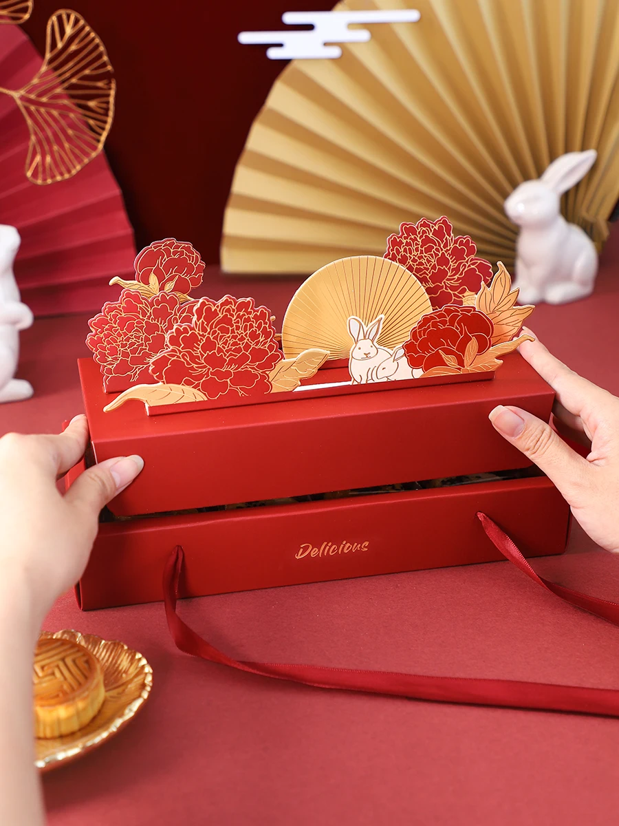 

2023 Chinese New Year Gift Packaging Box Retro Chinese Red Gold Creative Three-Dimensional Flowers Mid-Autumn Festival Gift Box