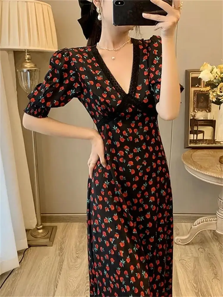 

2022 Women Summer Printed Slim Dress Rose Pattern