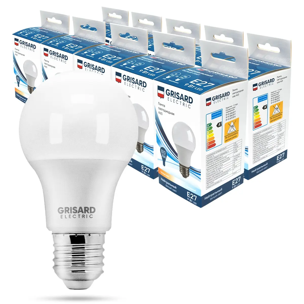 Лампа светодиодная GRISARD ELECTRIC шар A60 Е27 9Вт 4000К 220В |