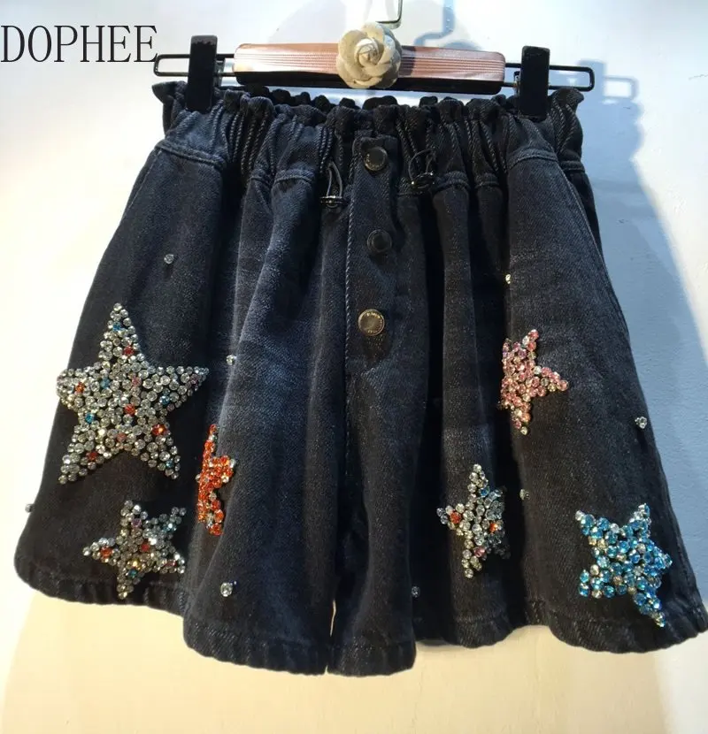 Europe Fashion 2023 New Summer Women Denim Shorts Luxury Diamond Stars Beading High Waist Wide Leg Jeans Black A-line Shorts