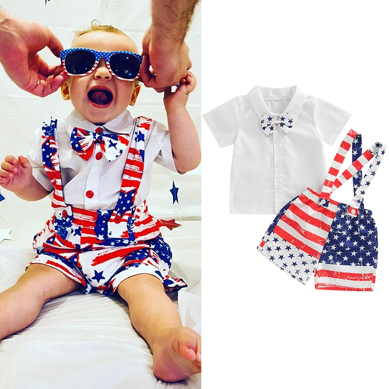 

1-6Y Toddler Boys Gentleman Outfits Set Clothing Suit 4th of July Short Sleeve Bowtie Shirt Suspender Shorts Independence Day