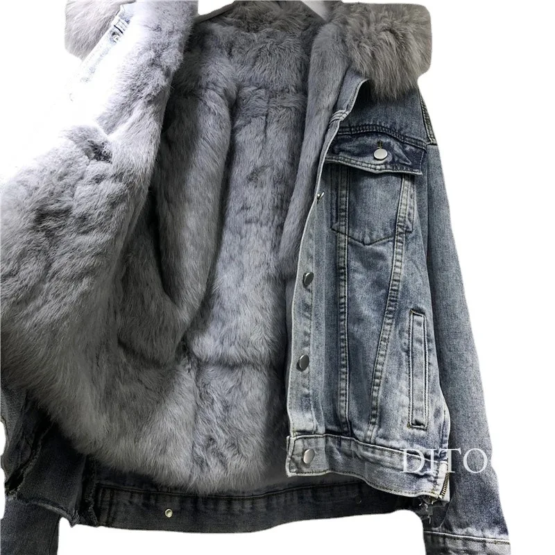 Velvet Denim Short Faux Fur Coat Female Winter Jacket Women 2022 New Removable Thicken Warm Rex Rabbit Fur Office Lady Clothing