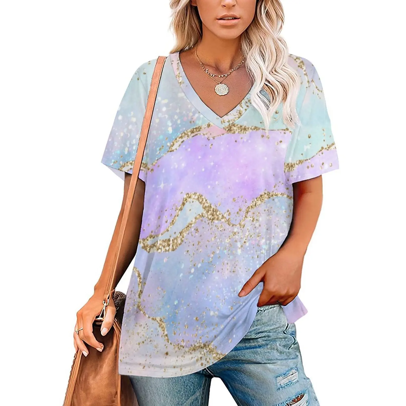 

Elegant Marble T Shirt Glold Glitter Print Modern T Shirts V Neck Short Sleeve Trendy Tops Ladies Casual Tees Big Size 2XL 3XL
