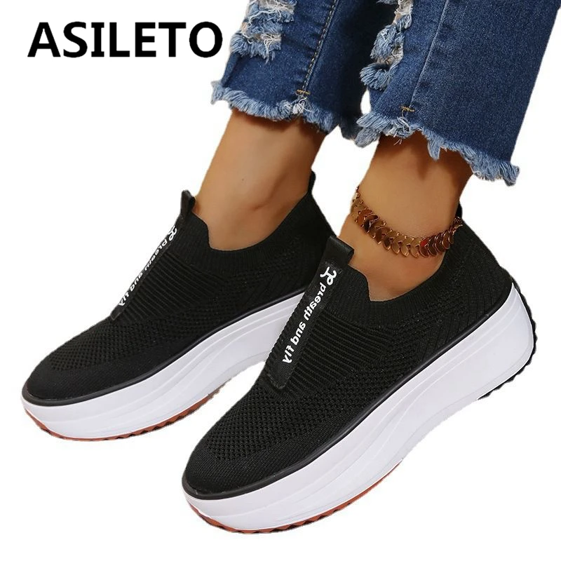

ASILETO Women Platform Snakers Round Toe Thick Soles Breathable Mesh Sport Big Size 35-43 Black White Grey Casual Spring S3162