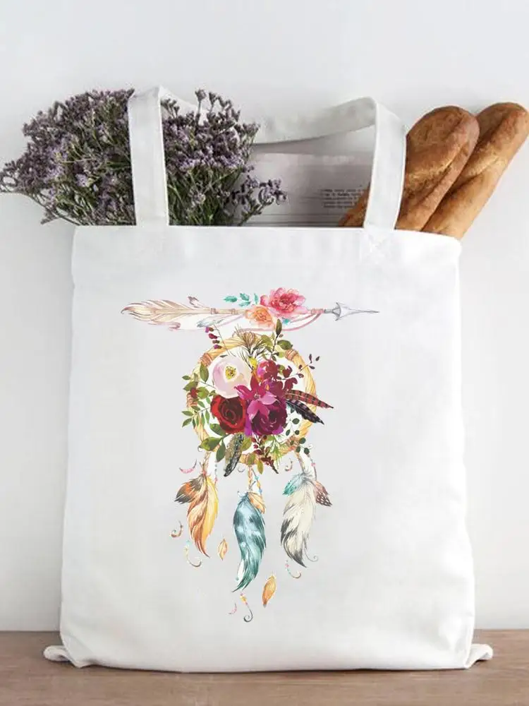

Women Fashion Flower Vintage Lovely Feather Print Casual Shopper Shopping Handbags Female Shoulder Girls Graphic Canvas Tote Bag