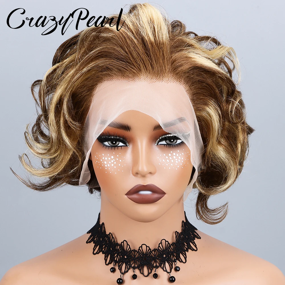 Фото Парик P4/27 Highlight Pixie Cut из натуральных волос, короткий, кудрявый, коричнево-русый градиент, с кружевной передней частью, предварительно выщипанный, с осветленными узлами, естественный вид №4