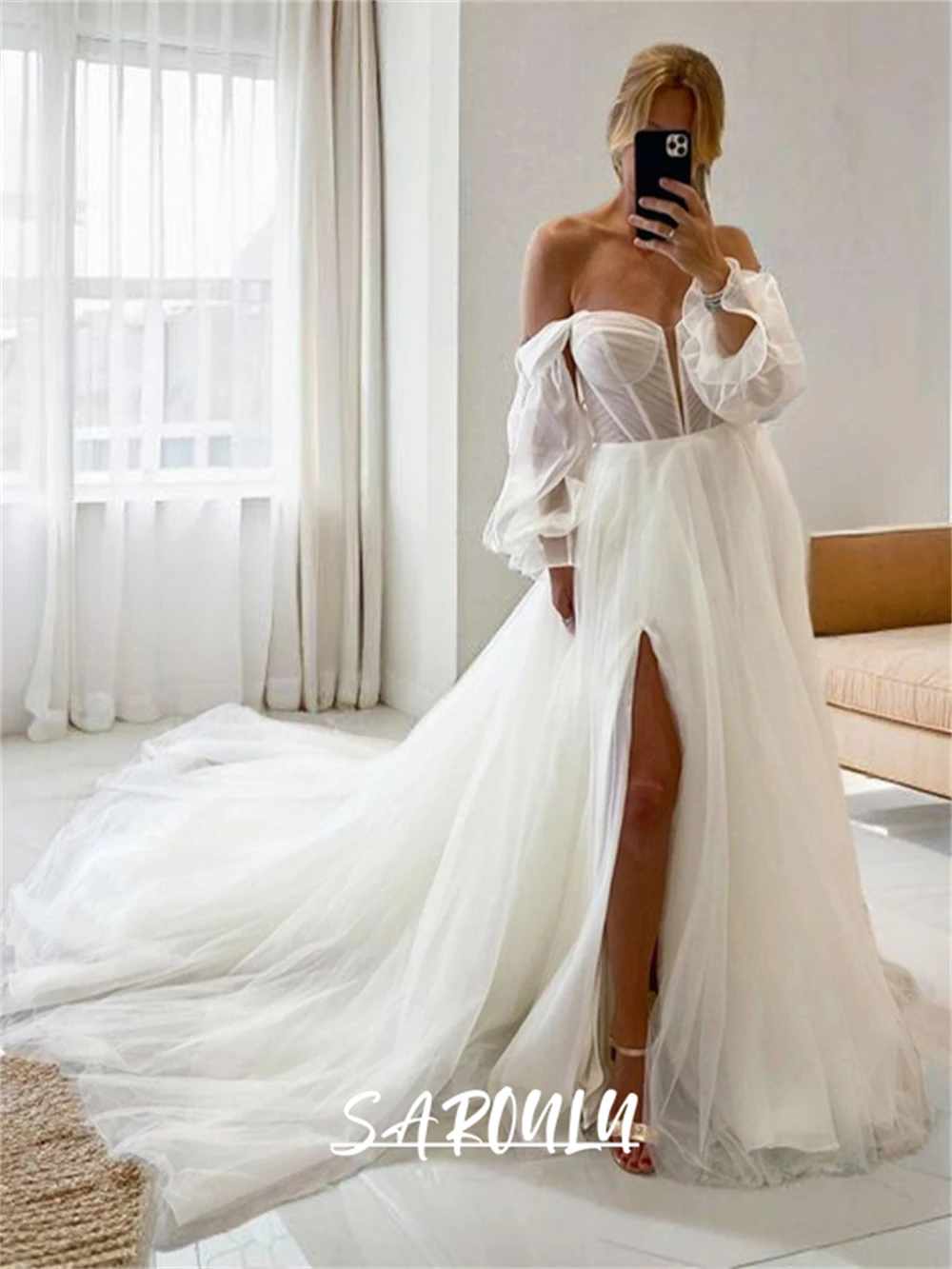 ТРАПЕЦИЕВИДНОЕ Тюлевое свадебное платье платья невесты с длинным шлейфом и