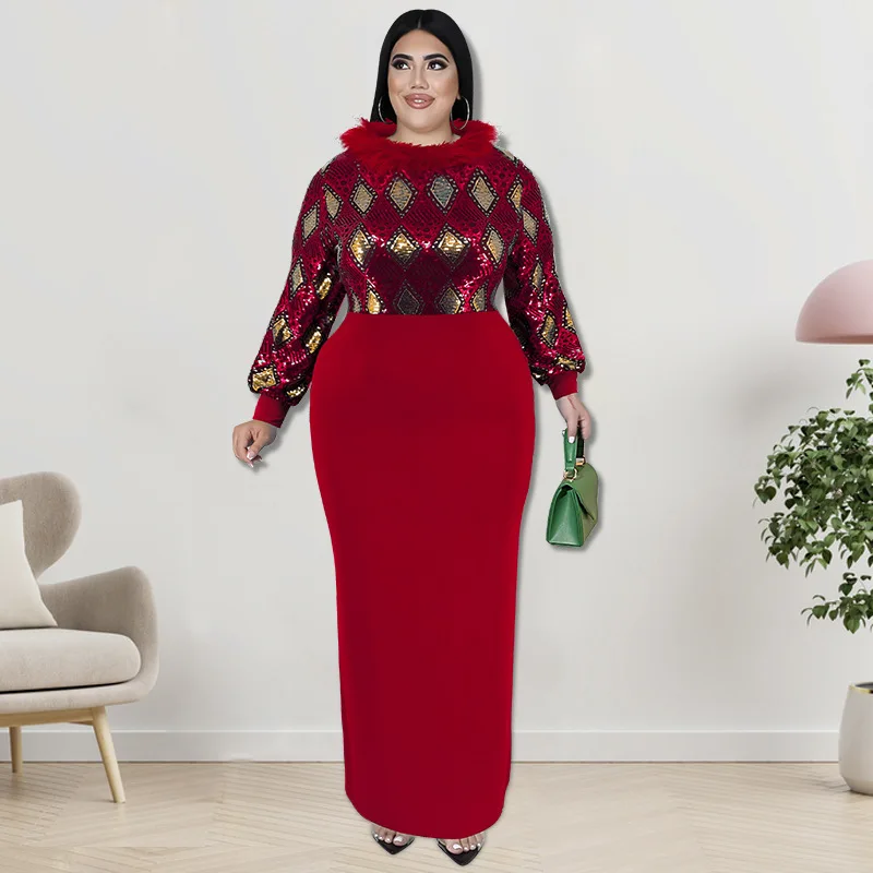 Plus Size Dresses O-Neck Long Sleeve Dresses for Women Elegant Dresses for Women Office Lady Slim Ankle-Length Pattern Splicing