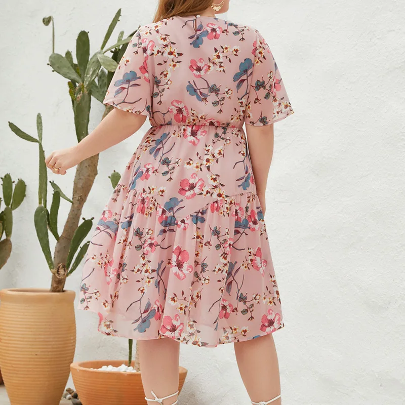 French Elegance Floral Print Flare Short Sleeve A-line Vacation O-Neck Loose High Waist Lady Summer Plus Size Casual Midi Dress
