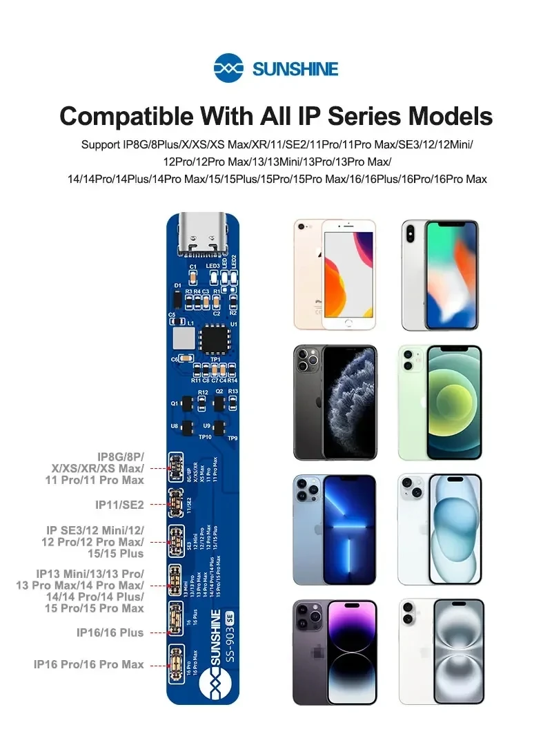 Фото SUNSHINE SS-903 SE, плата активации зарядки аккумулятора без удаления для iPhone 8-16 Pro Max, тестер зарядки печатной платы аккумулятора №5
