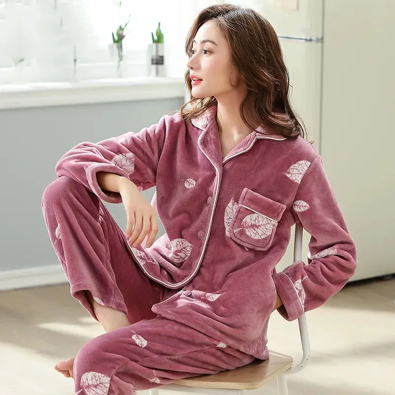 Новый женский Повседневный Пижамный костюм теплый осенне-зимний из кораллового